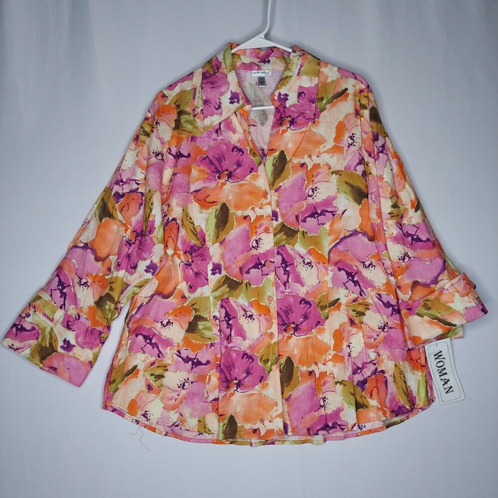 Harve Benard Linen Blend Button Shirt Women 1X Metallic Pink Floral 3/4 Coastal